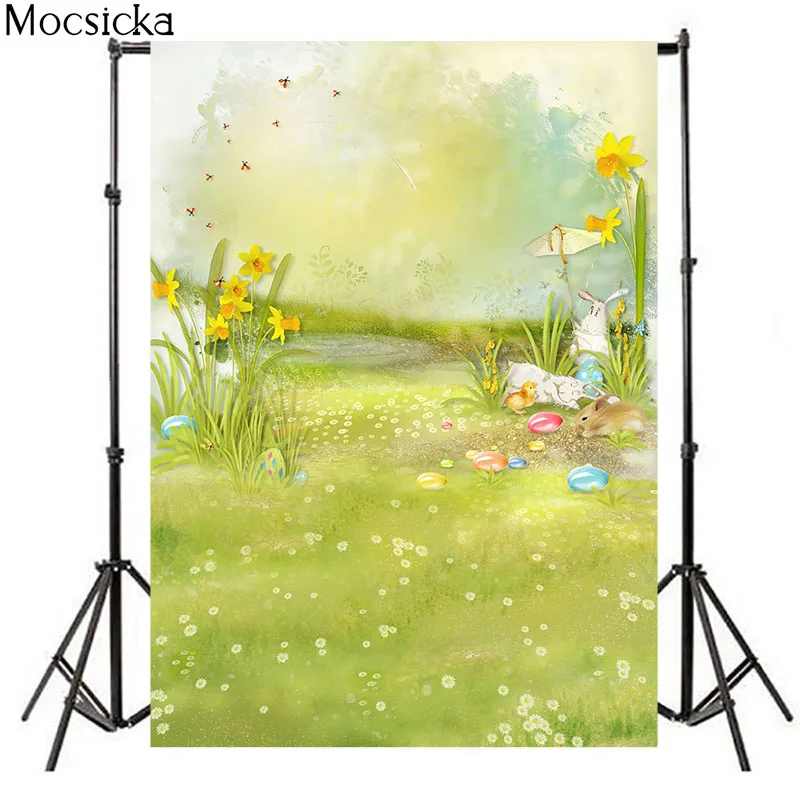 Spring Photography Background Little Yellow Flower Rabbit Meadow Decoration Child Portrait Baby Shower Photo Backdrop Studio