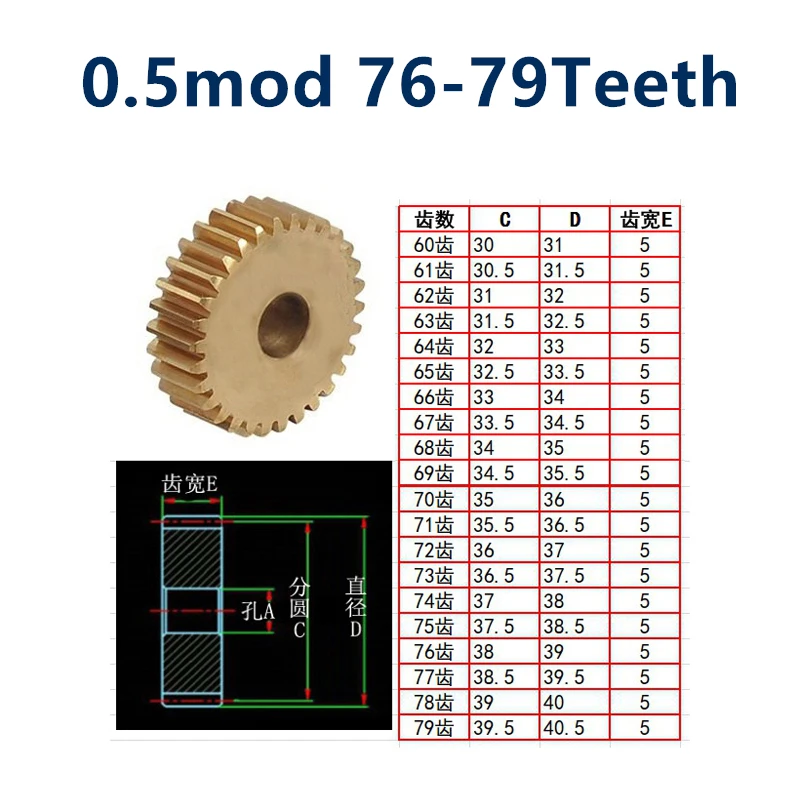 

1pc 0.5mod flat gear copper gear 0.5 die 76 77 78 79 tooth metal small modulus precision gear