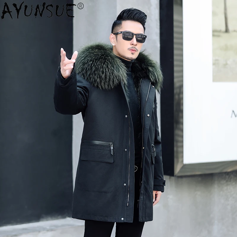 AYUNSUE Winter Warm Thick 100% Real Raccoon Fur Liner Parka 2021 Long Hooded Raccoon Fur Collar Male Jacket Abrigo Hombre Gxy897