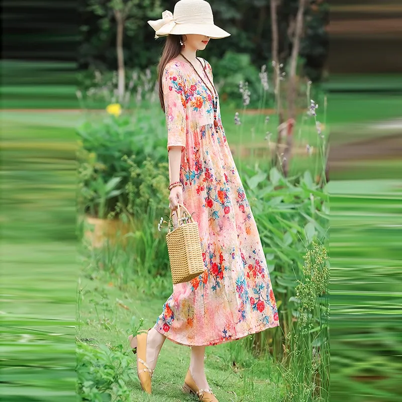Women Summer Cotton Linen Long Dress New Arrival 2021 Vintage
