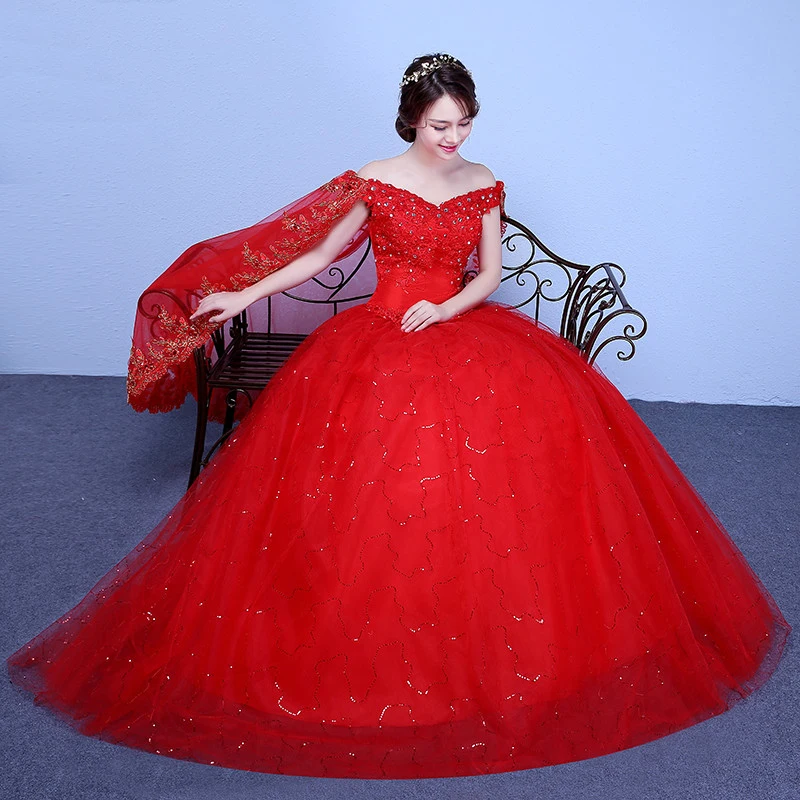 AnXin SH-Robe de mariée personnalisée en dentelle rouge, vintage, col bateau, cristal perlé avec vue, princesse de dinde, blanc