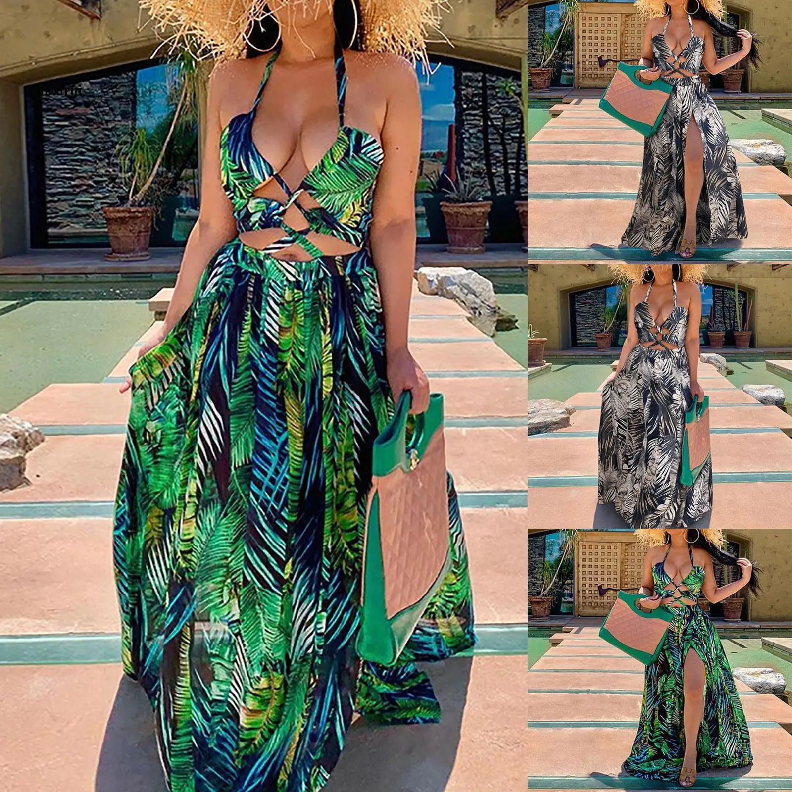 Women Dress Fashion Halter Deep V-neck High Slit Long Dress Summer Bohemian Ladies Sexy Printed Sleeveless Vestido De Mujer