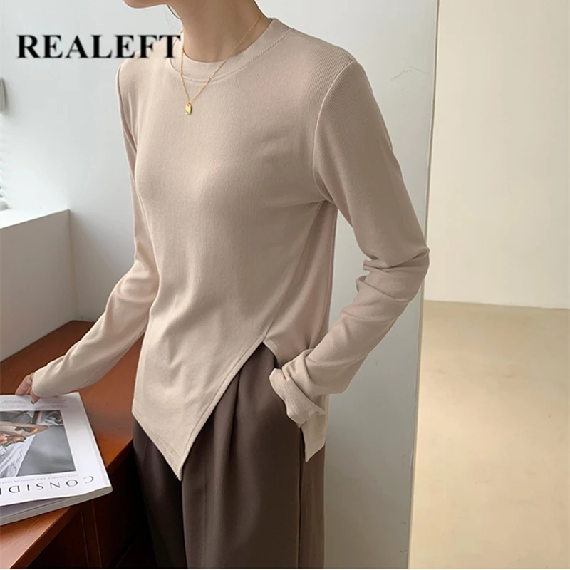 REALEFT Spring Autumn Solid Women's Knitted Pullover 2021 New Long Sleeve O-Neck Casual Split Bottoming Sweaters Female Tops