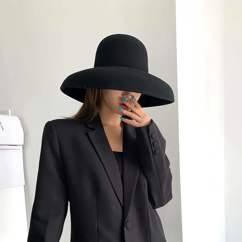 Vintage Hepburn Style Luxury Hat Fedora Hat Winter Warm 100% Wool Catwalk Model Custom Leisure Lady Black Cap Women Outdoor Hat