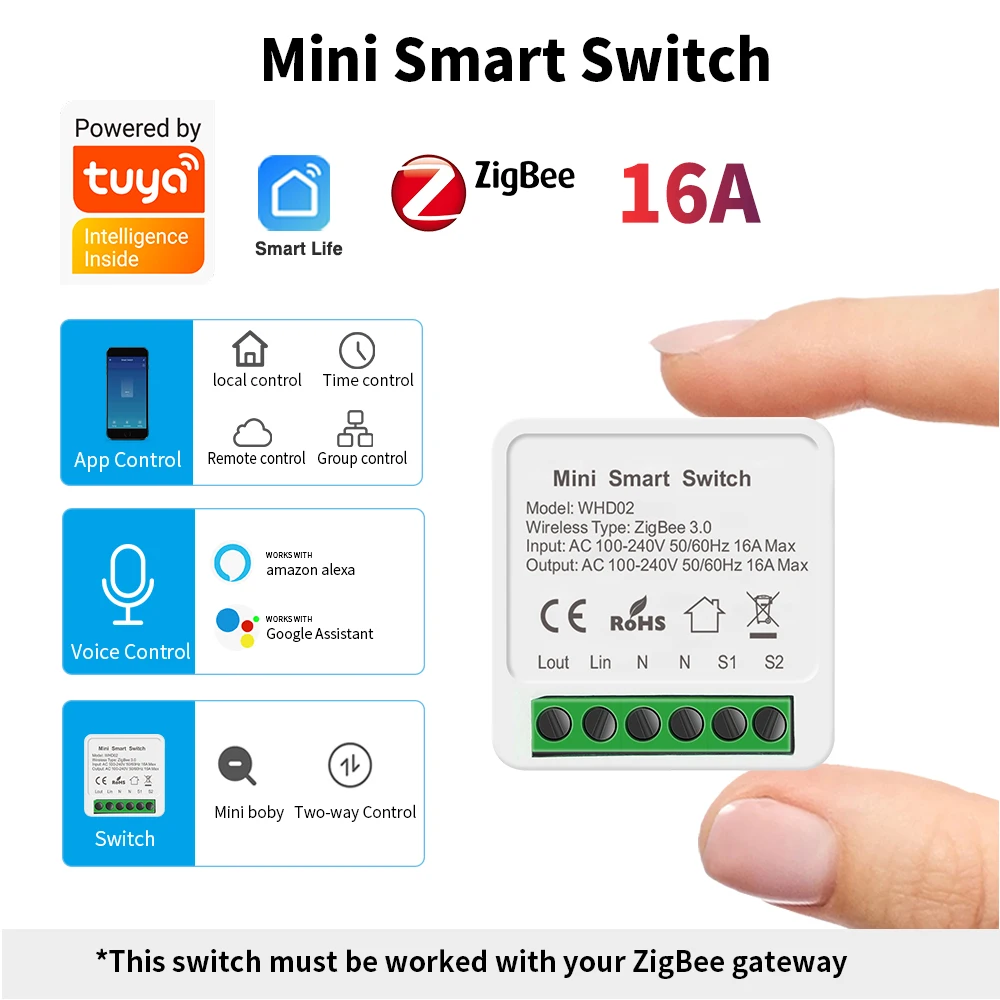 Tuya Zigbee Smart Switch 2 Way Breaker 16A Relay Home Adapter Smart life APP Timing Works With Google Home Aleax