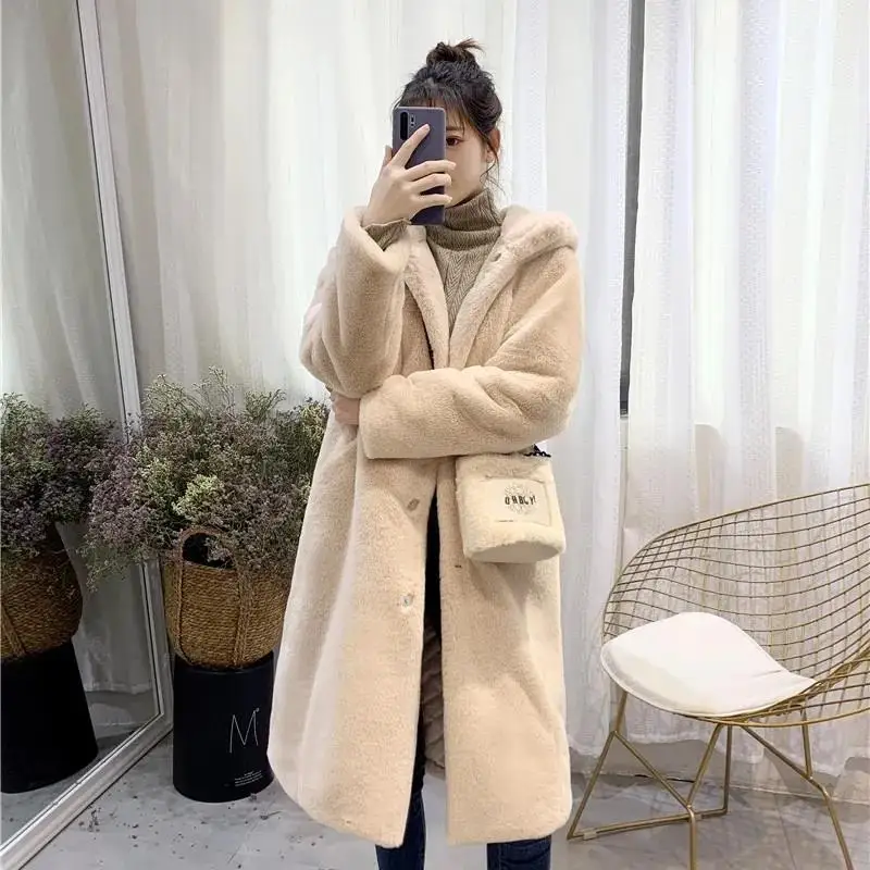 

New Plus Size Women's Thick Winter Faux Fur Coat Casual Loose Overcoat Female Hooded Rabbit Fur Long Coats Women