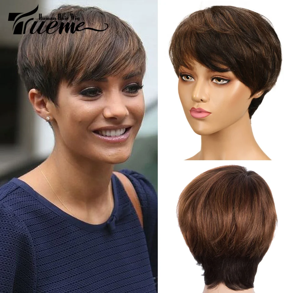 Trueme-Peluca de cabello humano liso y corto para mujer, pelo brasileño con corte Pixie, ombré, marrón, rojo, gris, barato