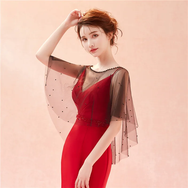 

Тюлевая свадебная шаль с жемчугом, вечерняя накидка из бисера, летняя БОЛЕРО, свадебная куртка