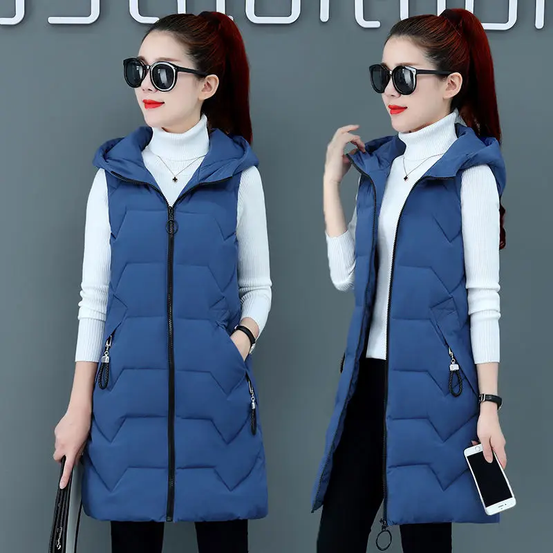 Women Hooded Long Vest Jacket 5XL Autumn Winter Fashion Slim Cotton padded Waistcoat Warm Loose Casual Sleeveless Outwear Female