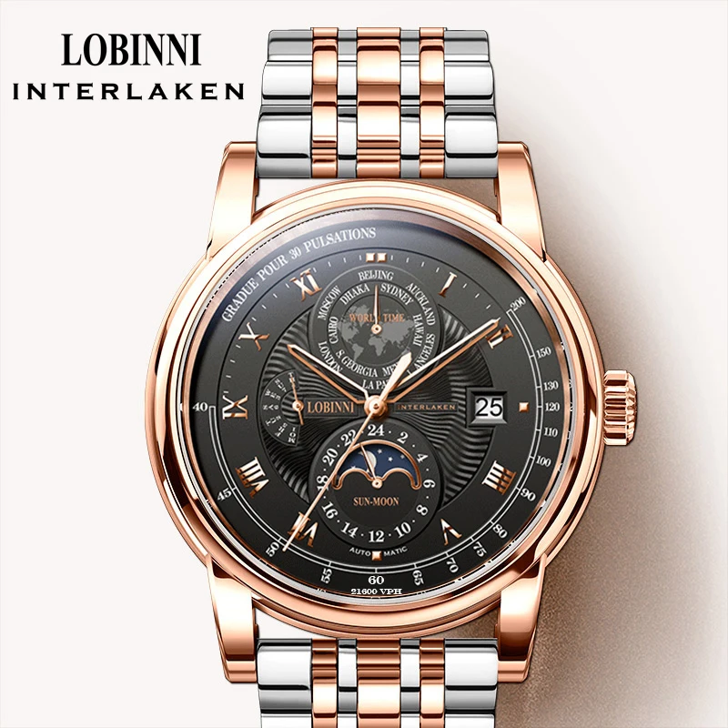 LOBINNI 316L Stainless steel Men Automatic Mechanical Watches Sapphire Glass Waterproof Watch Date Week Moon Phase Watch