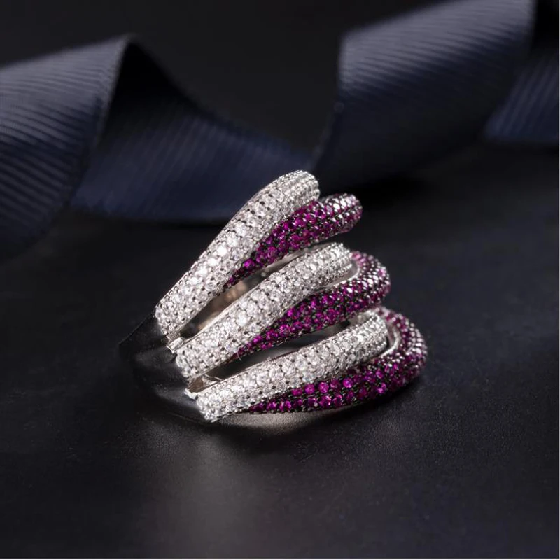 LYCOON Free shipping Trendy Newest purple and white stone stripe ring fashion rose flower Ring prong Setting Cubic Zirconia for Women Party Ring