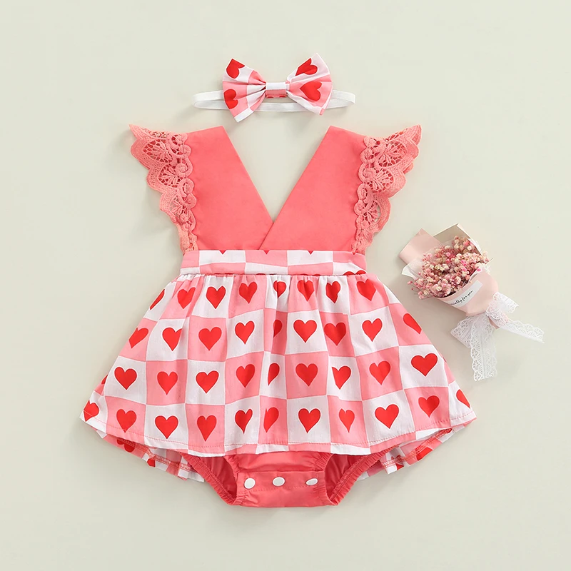 Baby Valentine's Day Bodysuits Outfits Splicing Leopard Heart Print O-Neck Backless Bodysuits Skirt Hairband Girls Bodysuits