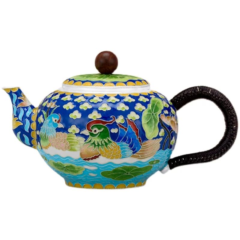 Silver teapot sterling silver 999 handmade cloisonne playing in the water mandarin duck old-fashioned household tea set teapot