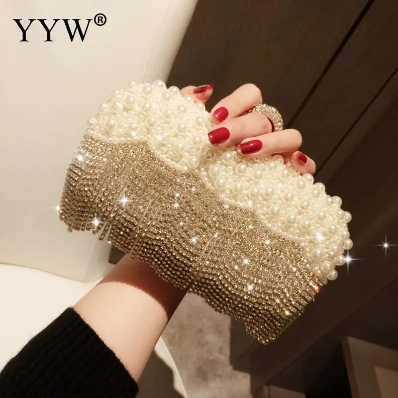 White Pearl Ring Clutch Handbags Women Rhinestone Tassel Clutches Purse Wedding Sac A Main Femme 2024 Luxury Party Bags Pouch