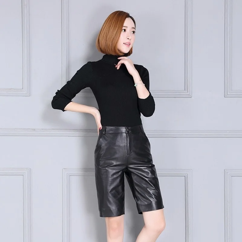 New Fashion Womens Genuine Leather High Waist Knee Length Shorts Pockets Office Lady Korean Style Slim Casual Sheepskin Shorts