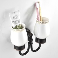 Wall Mounted Oil Rubbed Bronze Double Cup Holder Toothbrush Holder with Two Ceramics Cups Rack Tumbler Holder ZD1678