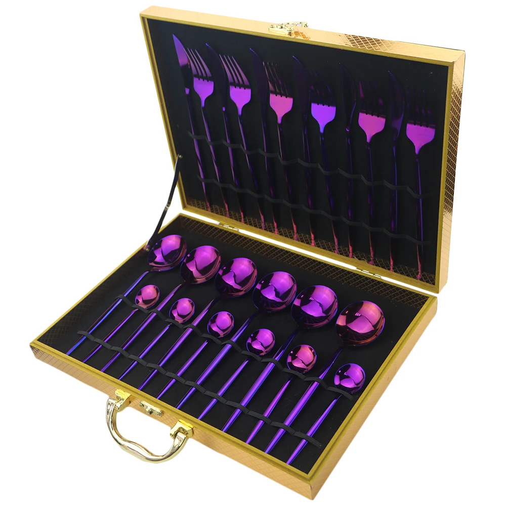 24Pcs Purple Dinnerware Set Knife Fork Spoon Cutlery Set 304 Stainless Steel Mirror Tableware Set Party Kitchen With Gift Box