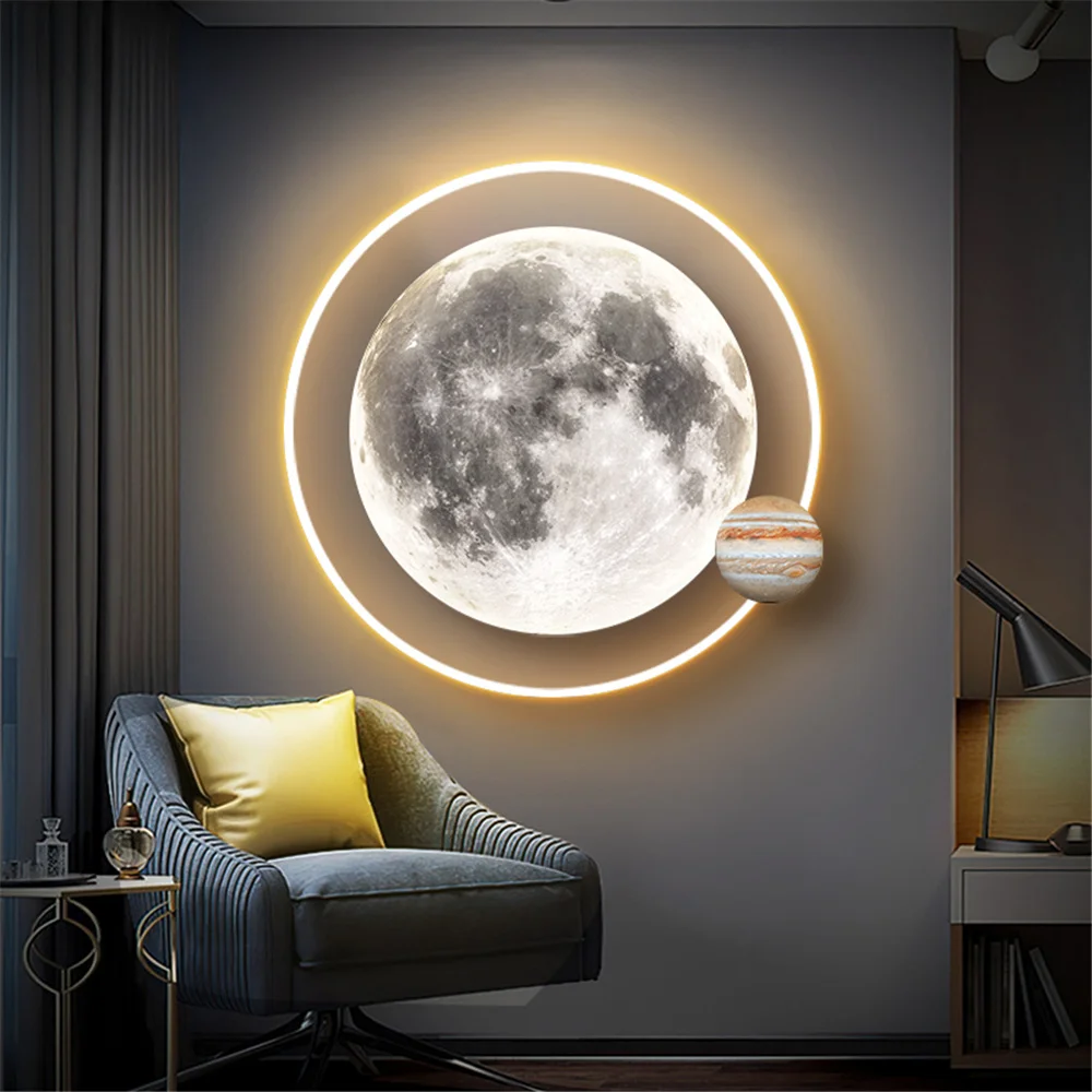 Art Moon Earth Planet Mural Remote Led Wall Lamp Home Decoration Accessories For Living Room Hallway Child Nursery Night Lights