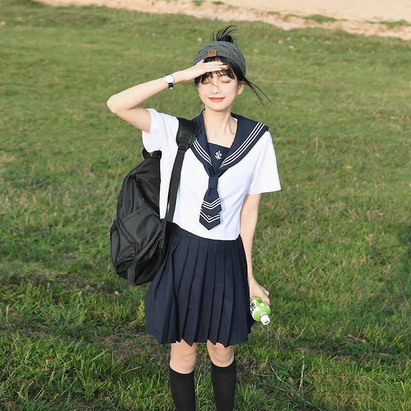 Uniforme escolar japonés para niña, camisa de manga corta, Falda plisada, conjuntos de corbata, uniforme escolar coreano, Cosplay, traje de marinero JK