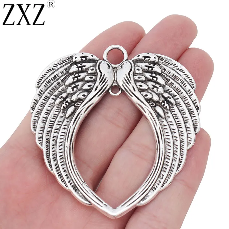 ZXZ 5pcs Tibetan Silver Large Angel Wings Heart Shape Charms Pendants for Necklace Jewelry Making Accessories