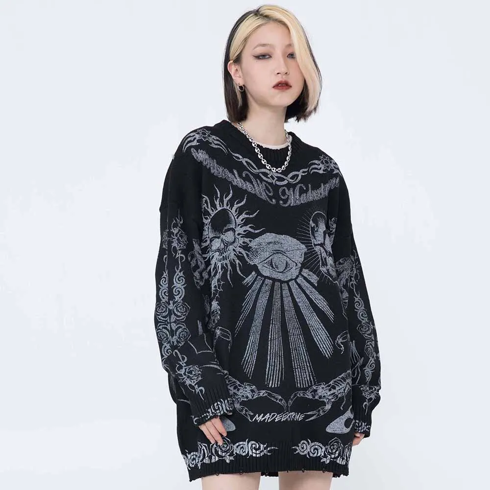 Oversized Sweater Men Women Harajuku Skull Graffiti Retro Vintage Knitted Sweater Unisex Cotton Pullover 2021 Autumn And Winter