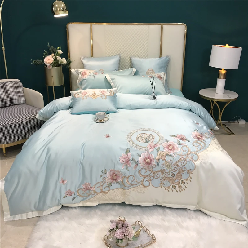 

Summer High Luxury Pure Cotton Embroidered Quilt Cover Four Piece Set Ice Silk Elegant Blue Pure Cotton Quilt Cover Bed Sheet