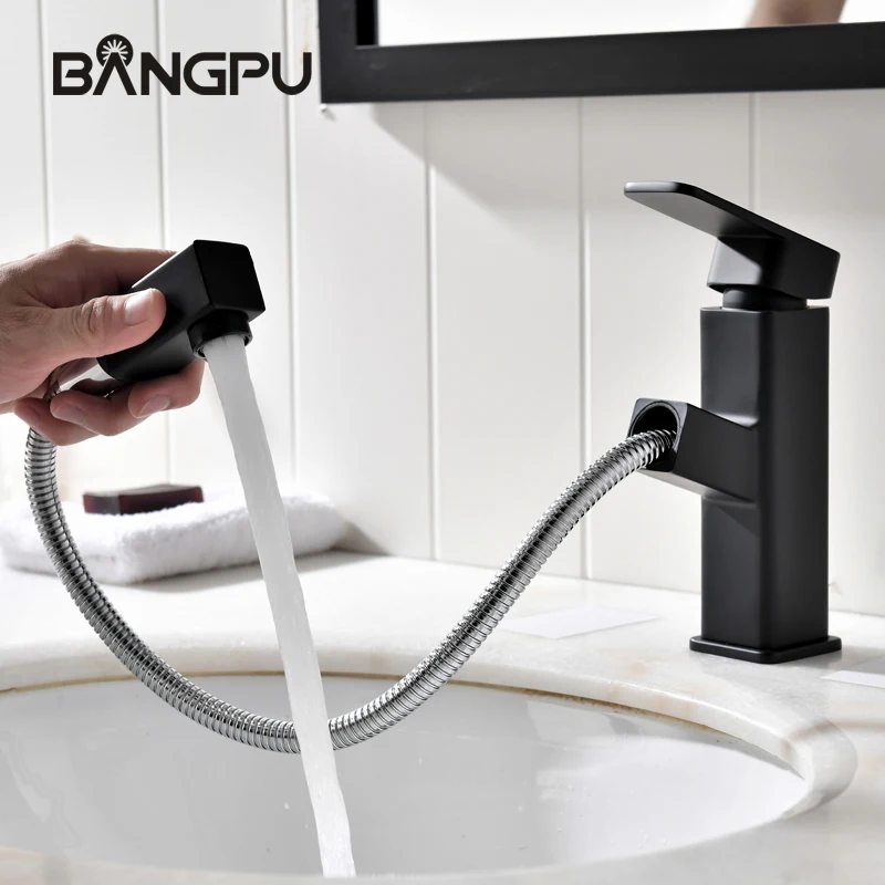 BANGPU Black Basin Faucet Pull Out Sink Faucet 1 Hole Bathroom Faucet Bathroom tap Basin Sink Faucet Single Handle Deck Mounted