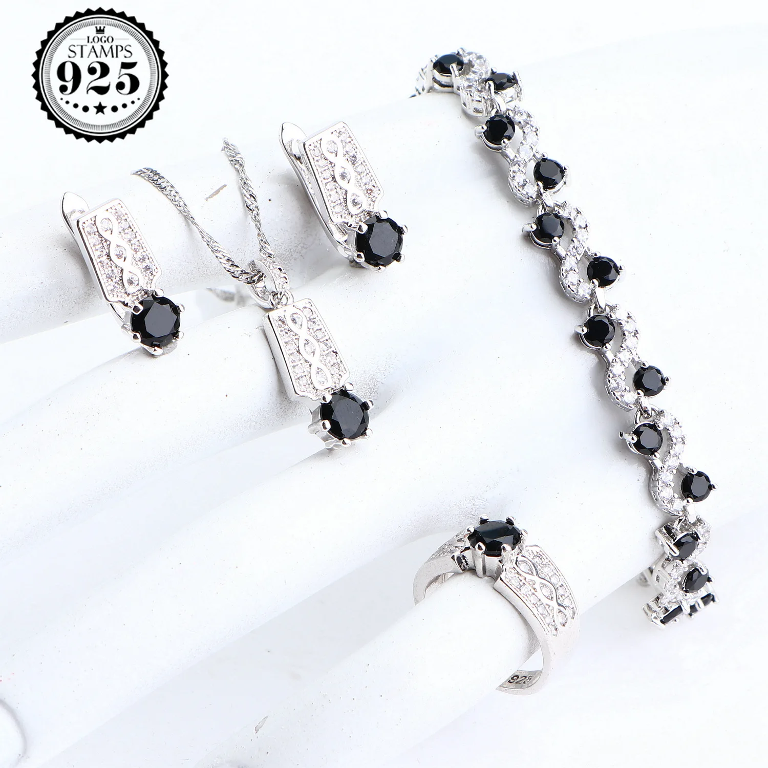 Luxury Fine 925 Silver Jewelry Sets Black Zircon Stone Earrings Pendants Bracelets Rings Wedding Jewelry Necklace Set For Women