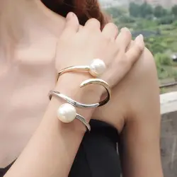 MANILAI Imitation Pearl Bracelets For Women Accessories Fashion Metal Geometry Cuff Bangles Statement Jewelry Wholesale Gift