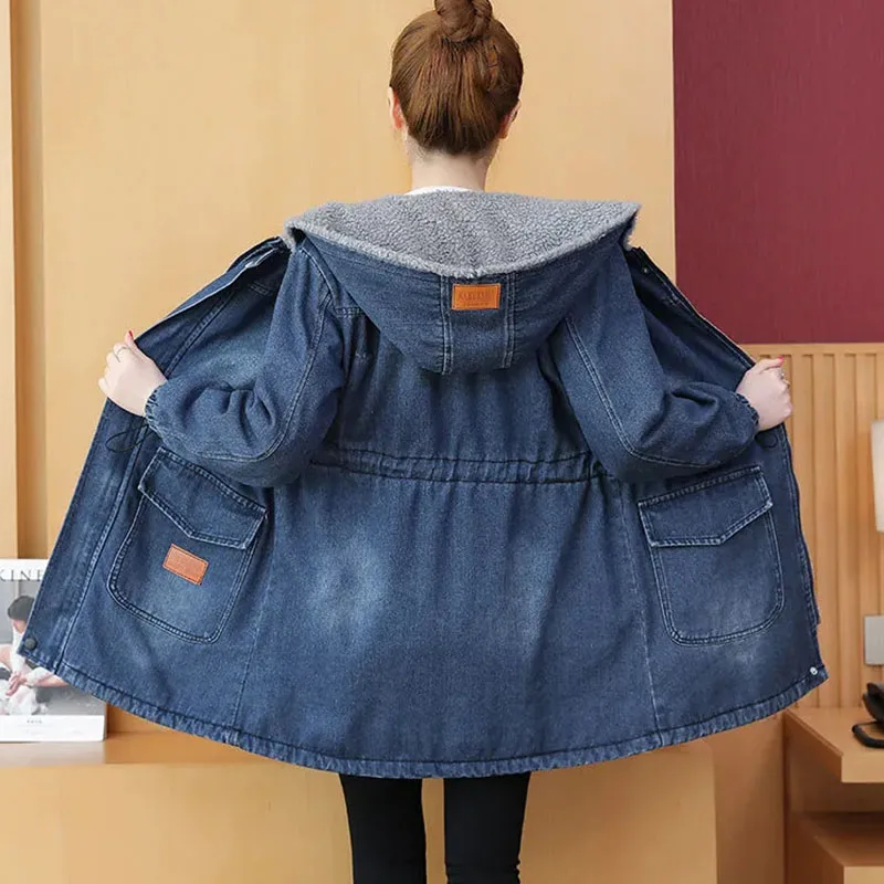 

New Autumn Winter Basic Coat Loose Plus Size Thick Warm Denim Cotton Jacket Womens Long Plus fleece Hooded Denim Cotton Coat 4XL