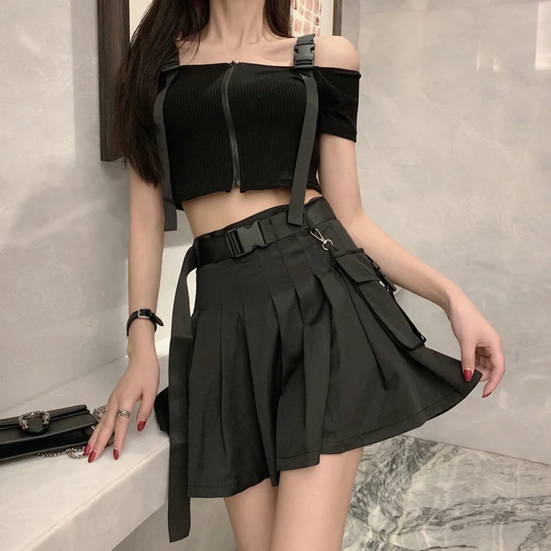 Gothic High Waist Belt Pleated Mini Skirt Women 2021 Fashion Streetwear Korean Womens Hip Hop Cargo Punk Sexy Skirts