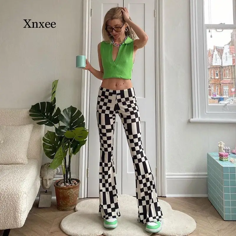 Y2K Black White Square High Waist Flares Trousers Slim Vintage Fashion Plaid Avant-Garde Bell Bottoms Pants Women Clothing 2021