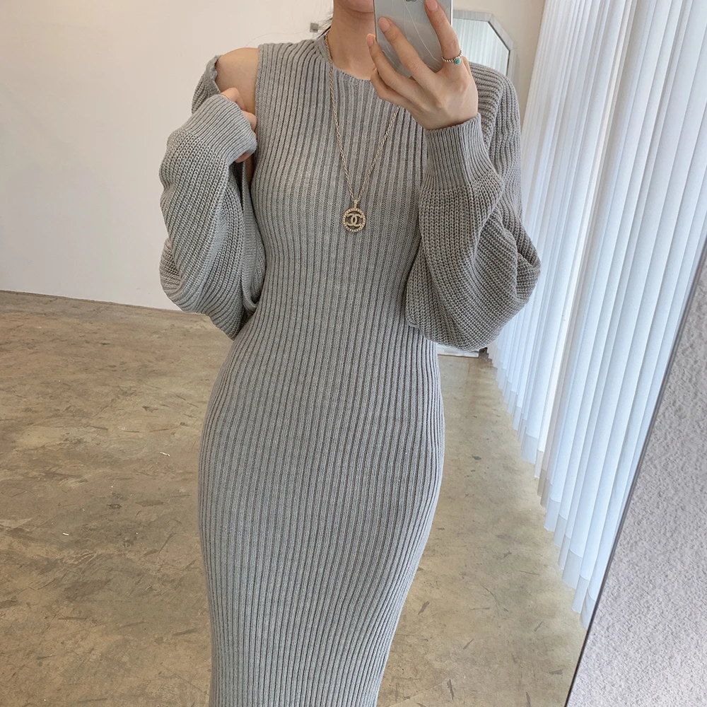 Croysier Fall Winter Two Piece Set Women Clothing 2021 Fashion Shawl Cropped Cardigan And Ribbed Knitted Bodycon Midi Dress Sets