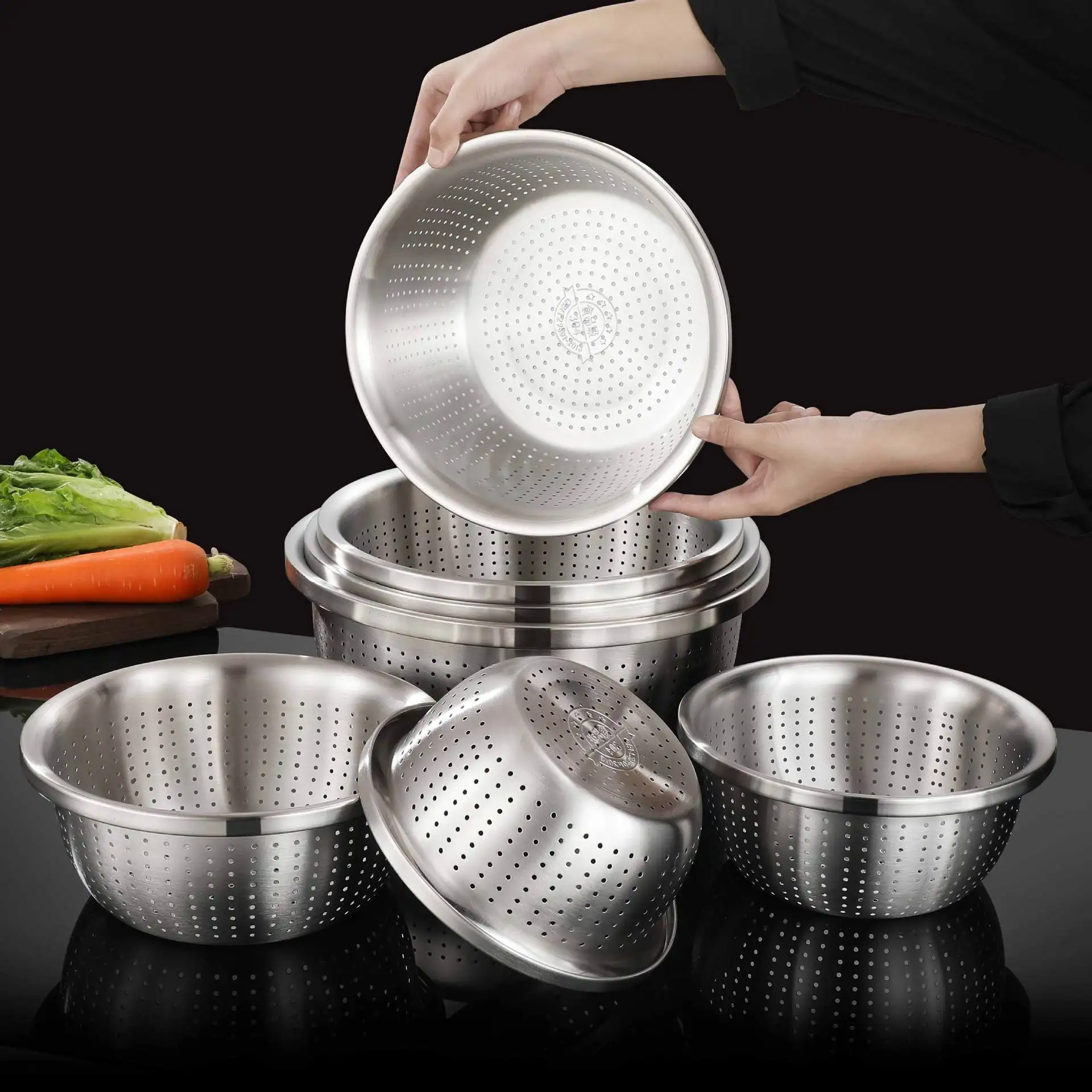 Thicken Stainless Steel Household Drain Basin Vegetable Fruit Washing Draining Basket Colander Rice Sieve Kitchen Accessories