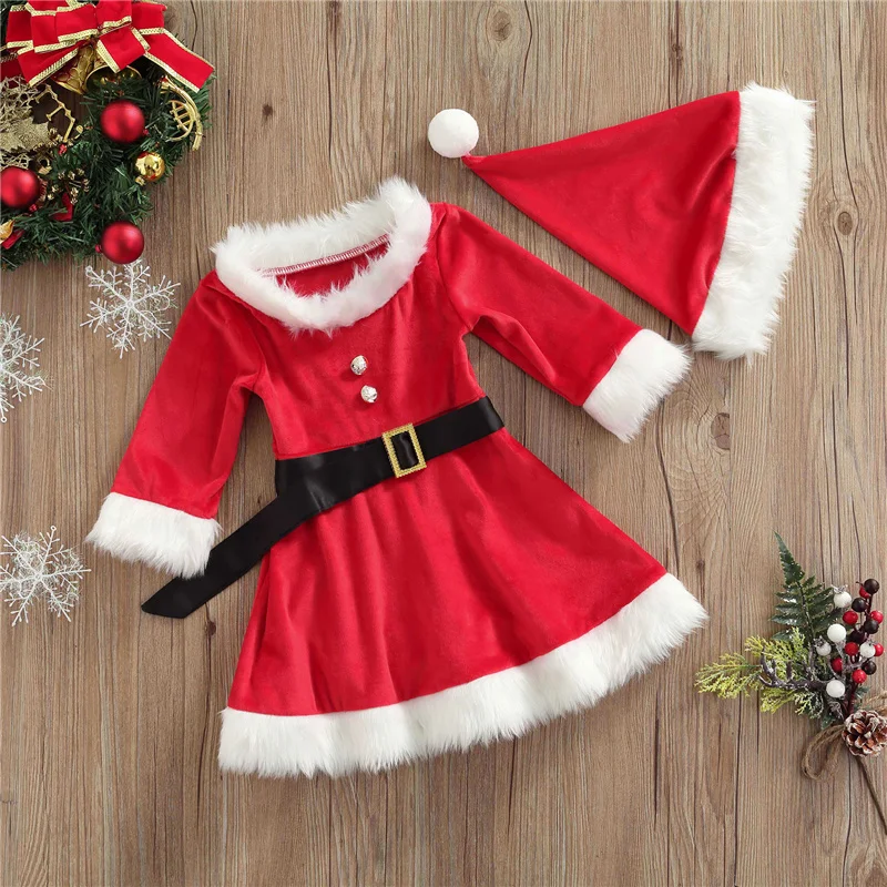 Little Girls Christmas Skirt Set, Fluffy Stitching Boat Neck Long Sleeve Dress + Hat + Waist Belt Suit for Kids, 1-5 Years