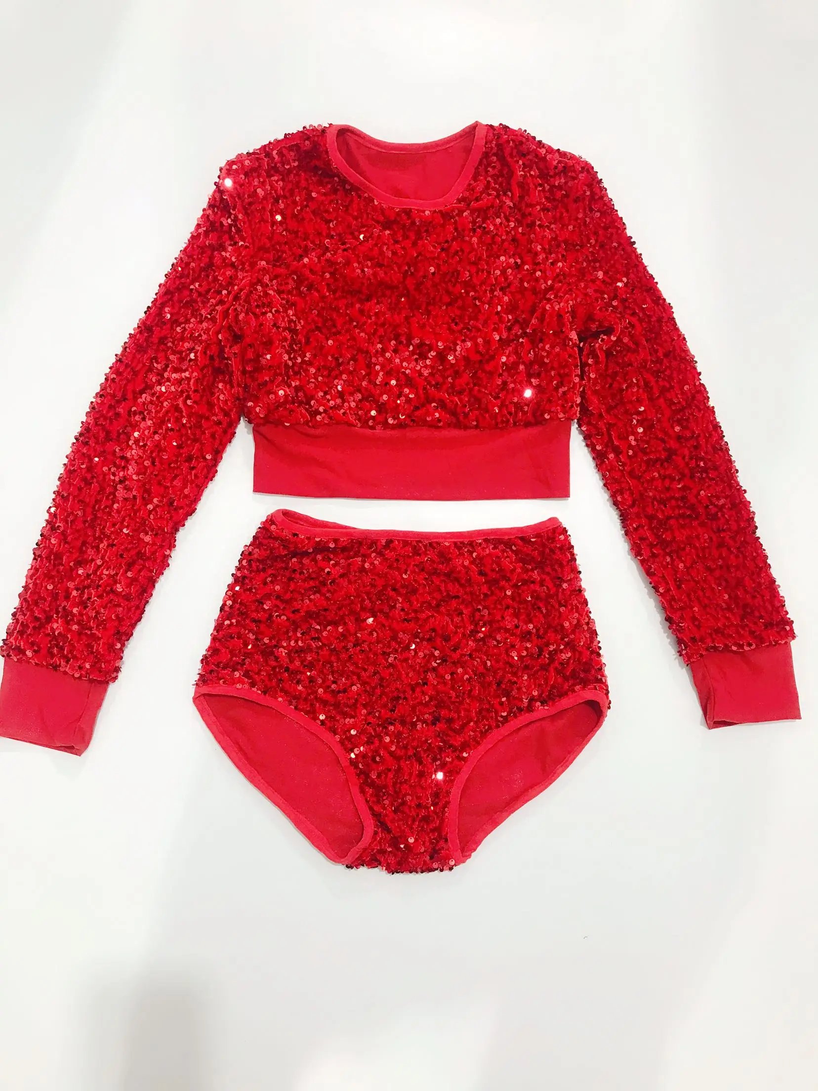 Jazz Dance Costume Red Black Glitter Sequins Tops Shorts Split 2-Piece Set Women DJ Dancer Team Singer Sexy Bar Stage Wear