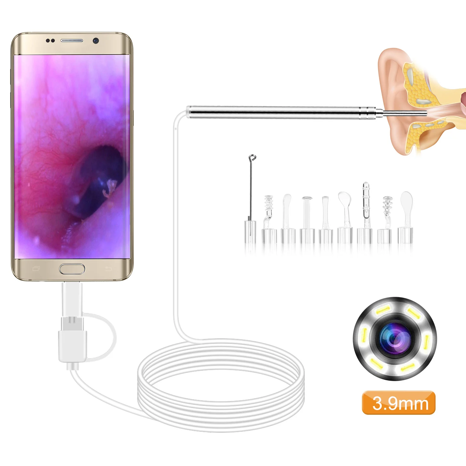 Mini WIFI Endoscope Camera 3.9MM 6 LEDs Three-in-one Interface USB Inspection Ear Nose Visual Health Care with Ear Pick Set
