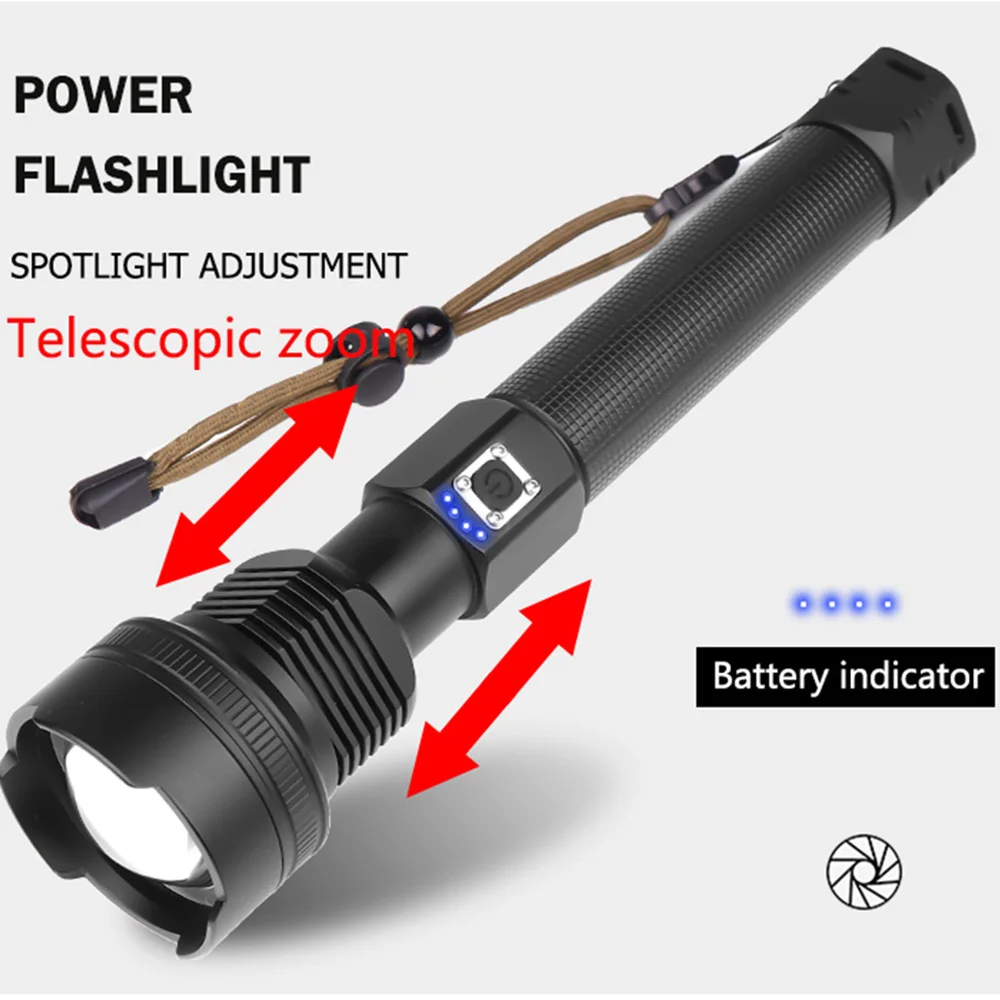 USB Rechargeable Powerful LED Flashlight With T6/XHP70 Led Lantern Lithium Battery Waterproof Camping Light Zoomable Torch 18650