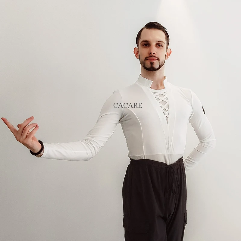 Leotard Bodysuits Mens Shirts for Latin Ballroom Dance Competition Top Practice Wear Black White D0838/4 Mesh Dropship CACARE