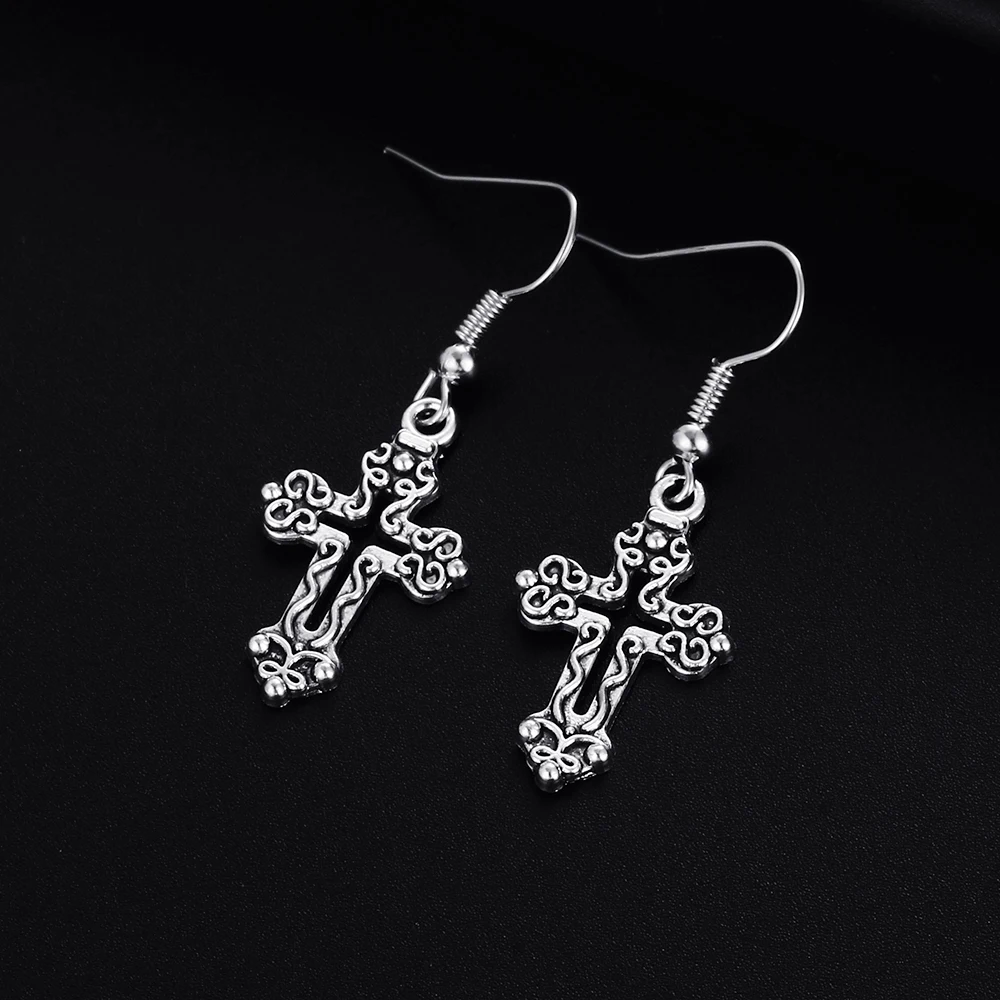 Trendy Vintage Cross Shape Dangle  Antique Silver Plated Earrings for Women Girl Retro Drop Earrings Cute Earring Jewelry Bijoux