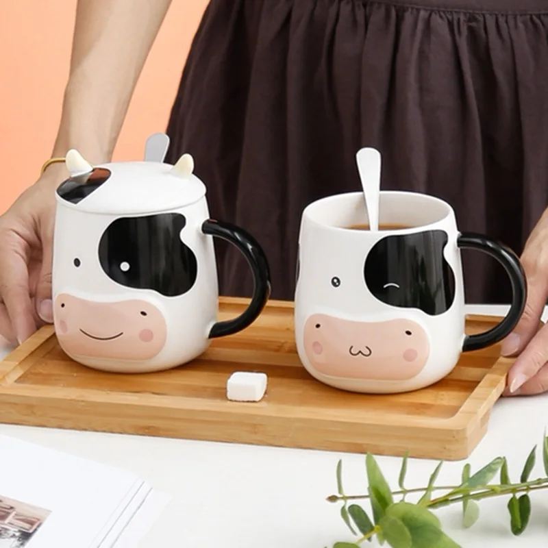 Cow Mug Porcelain Bottle with Lid Stainless Steel Spoon Relief Sculpture of Cute Animals Safe Cup Can Be Filled with Hot Water