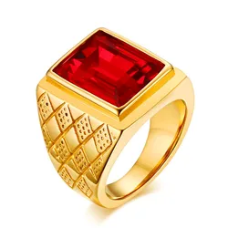 Big square ruby red gemstones Rings for men gold color titanium stainless steel  jewelry bague bijoux masculine finger accessory