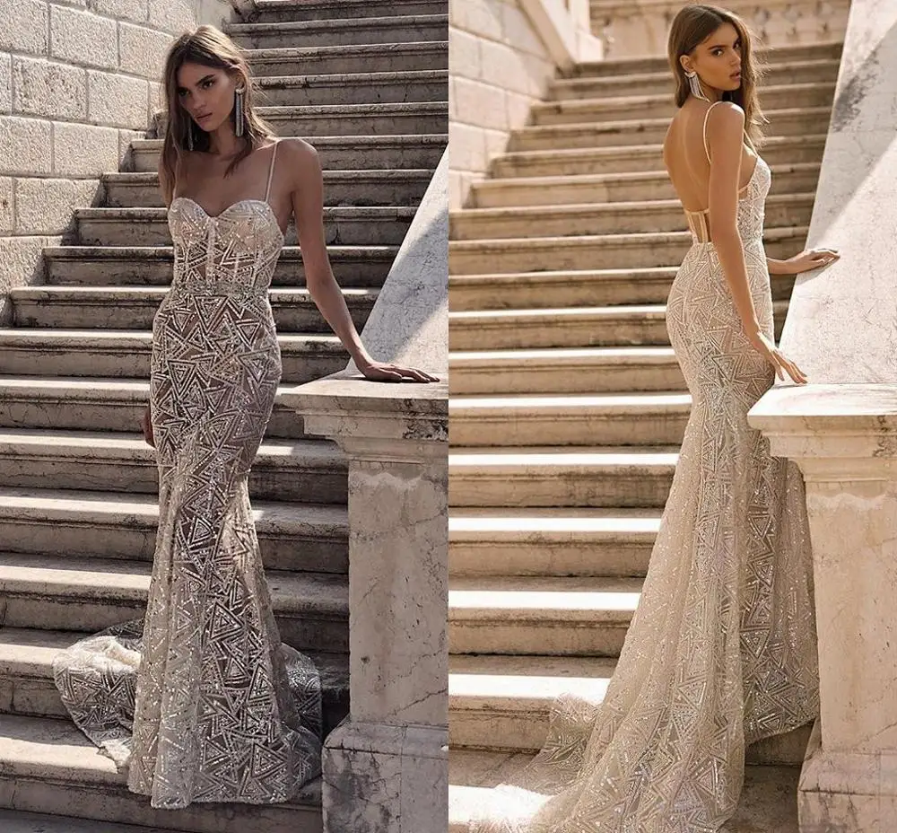 Berta-Robe de Mariée Sirène en Dentelle à Paillettes, Bretelles Spaghetti, Dos aux, pour Patients, Nouvelle Collection