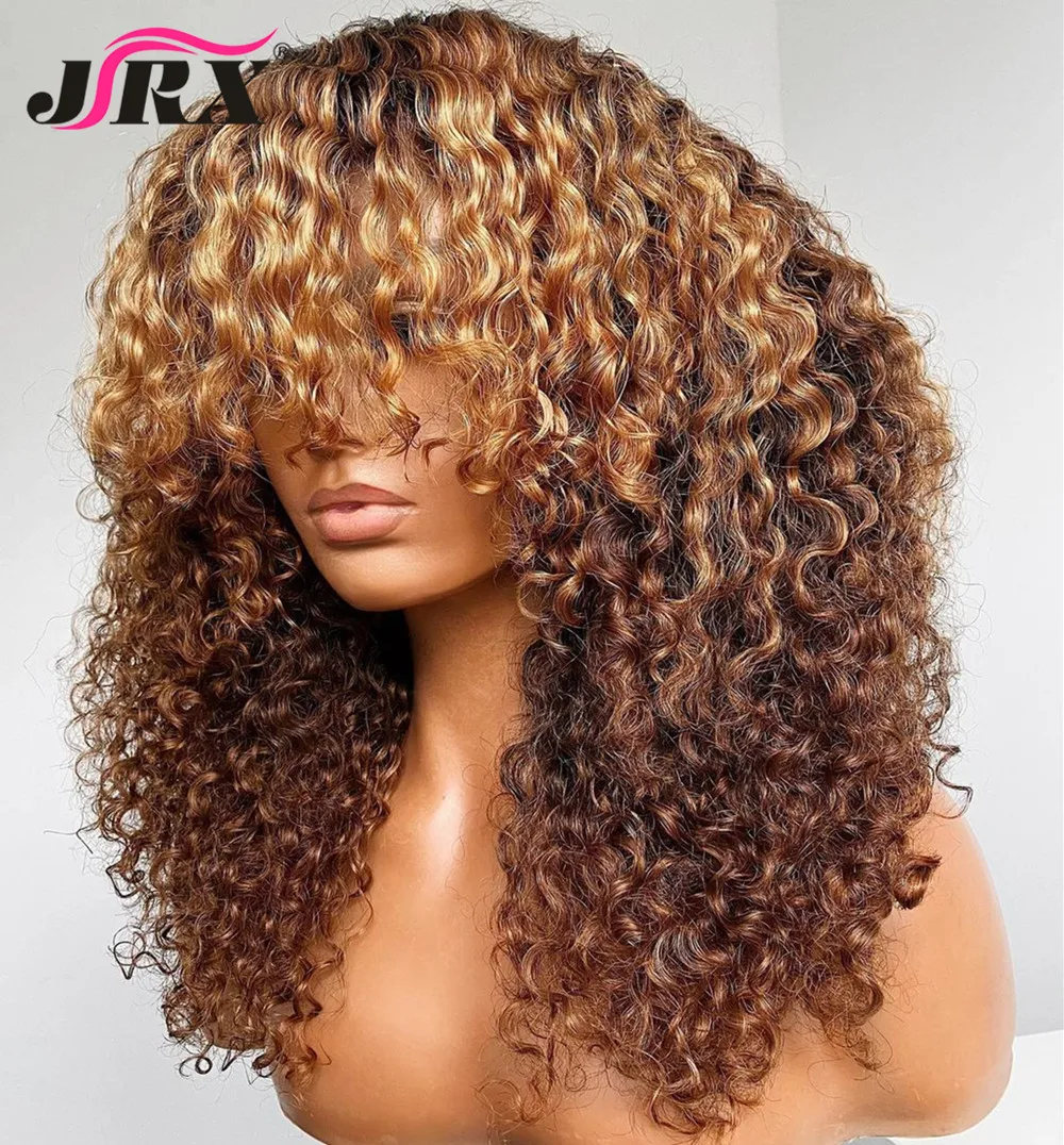 

Highlight Blonde Jerry Curly Human Hair Wig with Bangs Full Machine Made Brazilian Curly Colored Wig for Women Remy