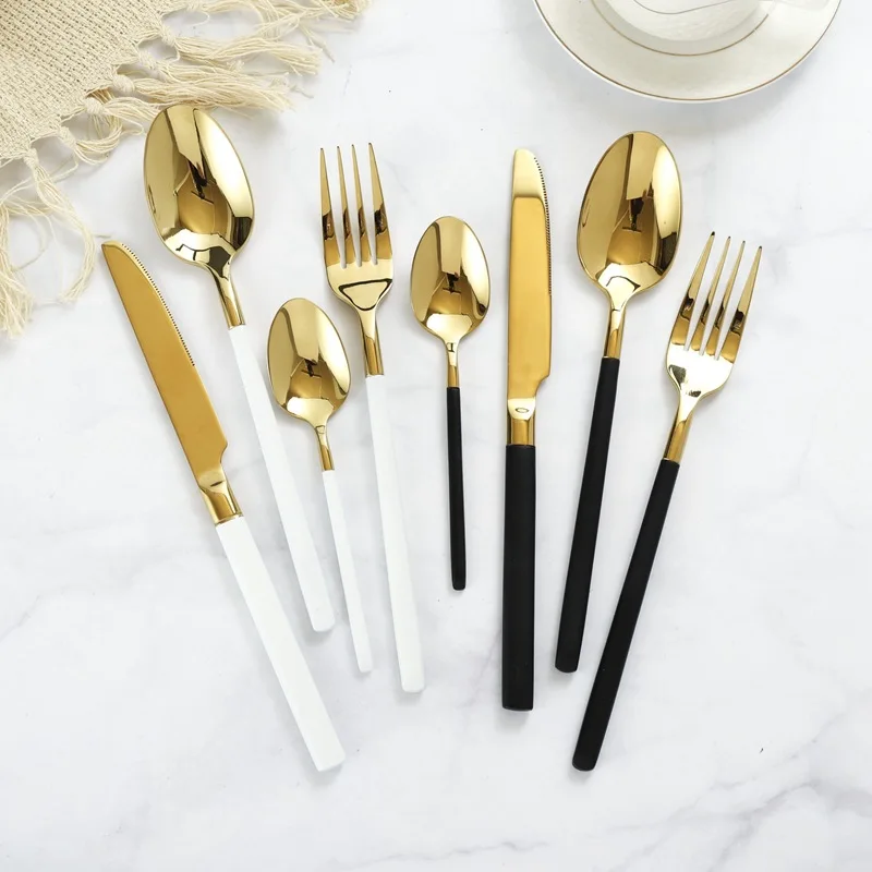 

New Black White Gold Stainless Steel Portable Cutlery Set Forks Knives Spoons Korean Kitchen Bright Tableware Silverware Set