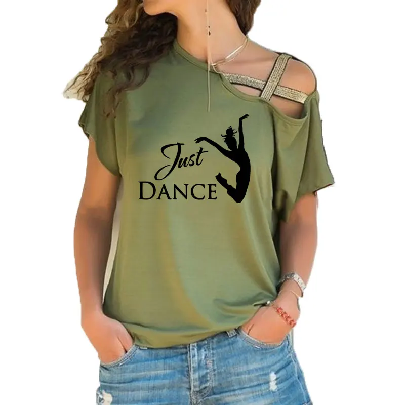 Fun just dance Girl Tee Shirt Female Dancer Shirt funny women fashion Irregular Skew Cross Bandage style tee tops