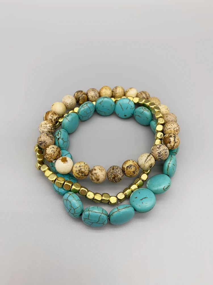 FoLisaUnique Gold Plated Beads Stretchy Jasper Turquoise Bracelet For Women