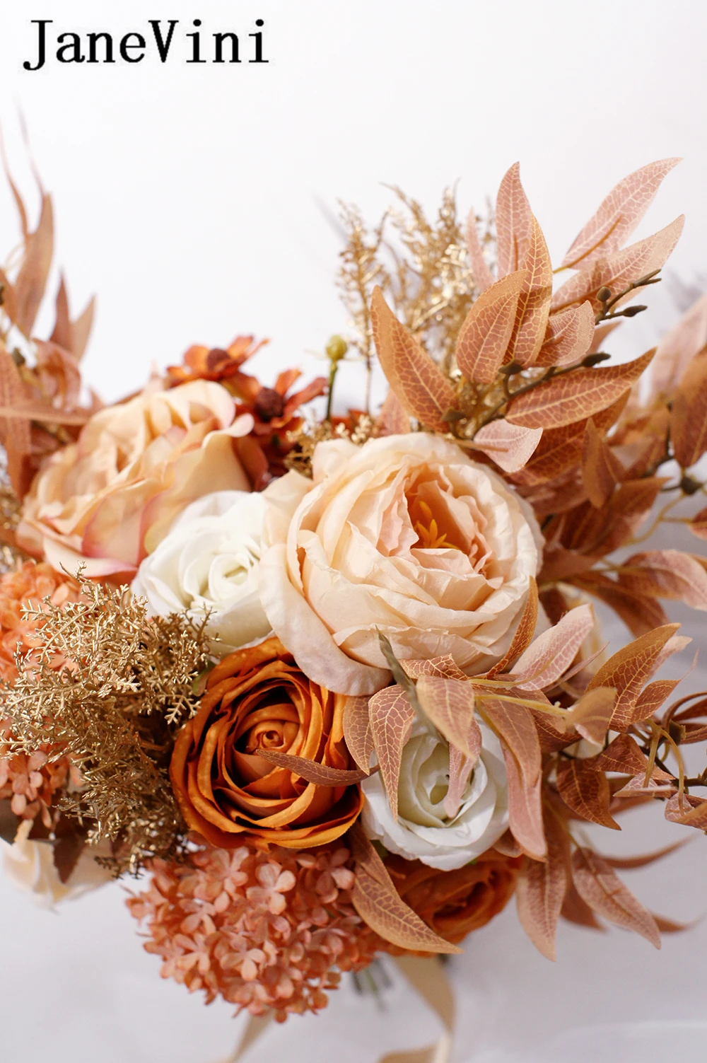 JaneVini – Bouquet de mariée Orange clair, élégant, fleurs artificielles de mariage, Roses hortensia, toucher réel charmant, soie, 2021