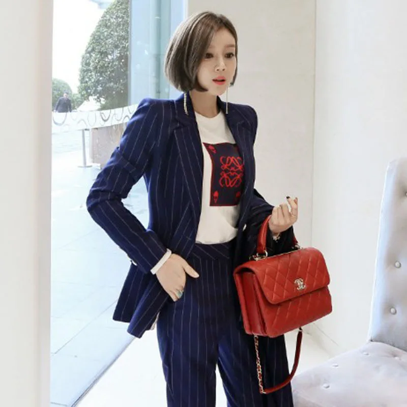 2020 Women Print Striped Blue Suit and Sheath Pants Ladies Floral Two Piece Set New Year Modis Formal OL Work Office 2 Piece Set