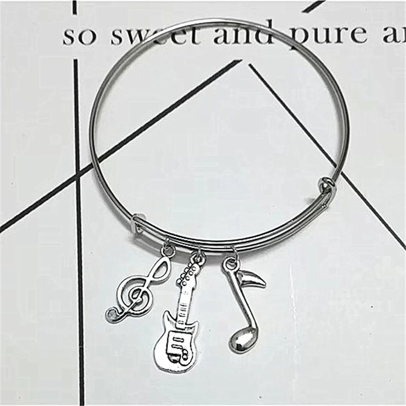 Handmade Guitar Bracelet, Silver Color Adjustable Bracelet, Charm Bangle, Music note Bangle Bracelet